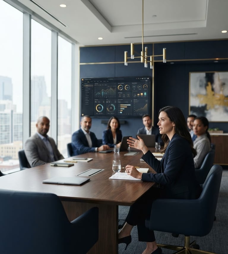 Wide shot of a modern executive boardroom with a large display showing analytical dashboards, soft natural daylight, deep navy and gold accents, minimalist corporate setting, shallow depth of field, subject off-center right.