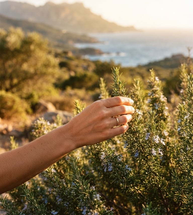 Nahaufnahme einer weiblichen Hand, die sanft wilden Rosmarin in einer sonnenverwöhnten korsischen Landschaft berührt, im Hintergrund verschwimmt die mediterrane Küste in warmem, goldenem Licht, weicher Fokus auf die Textur der Pflanze und der Haut.