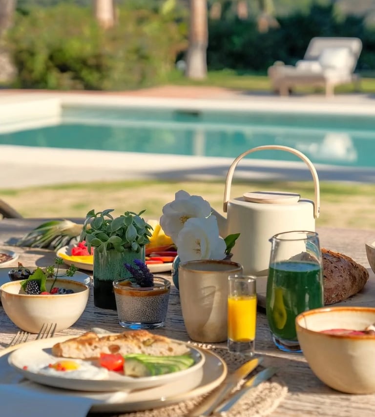Poolside breakfast setup with juice, bread and garden views