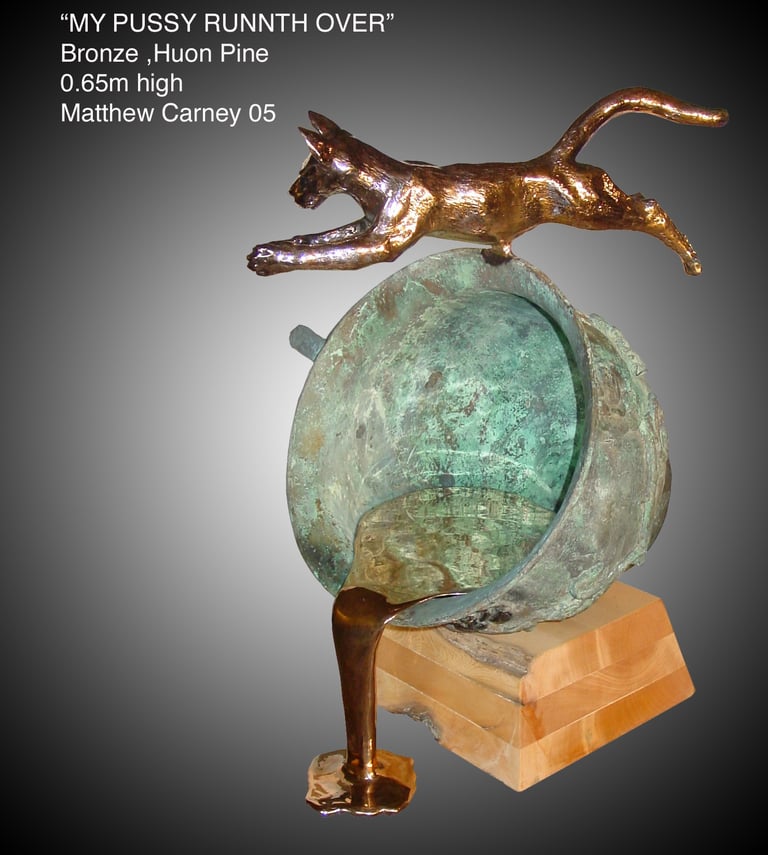 a bronze sculpture of a cat jumping over a teacup