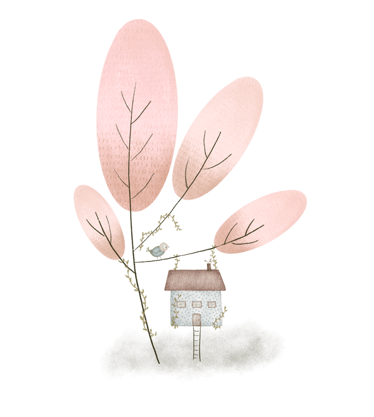 Whimsical tree house illustration for greeting cards, notecards, journals and luxury stationery.