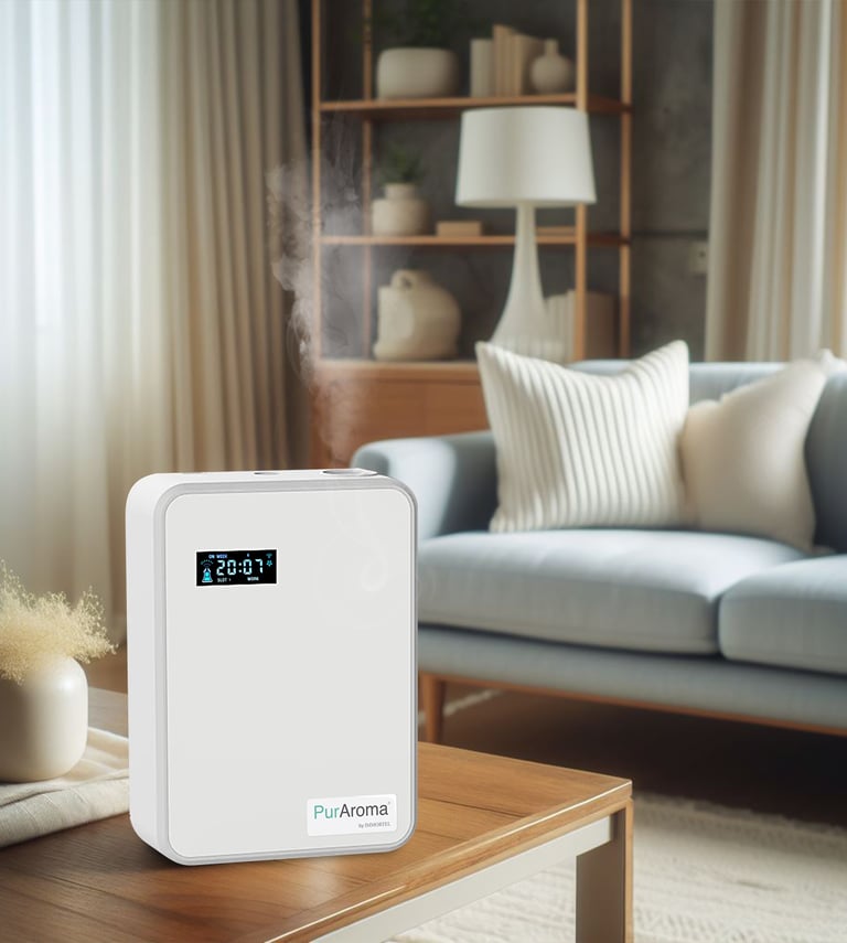  A WB150 PurAroma diffuser emits mist on a wooden table in a living room.