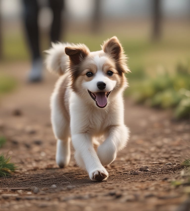 A small, fluffy brown dog with its tongue out sits playfully in a wooden crate. The background features a tiled floor with soft, neutral tones, providing a cozy and warm atmosphere.
