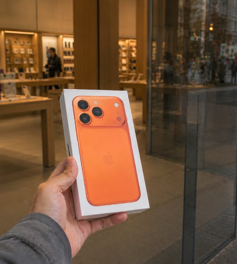 Hand holding a new orange iPhone box in front of an Apple retail store window.