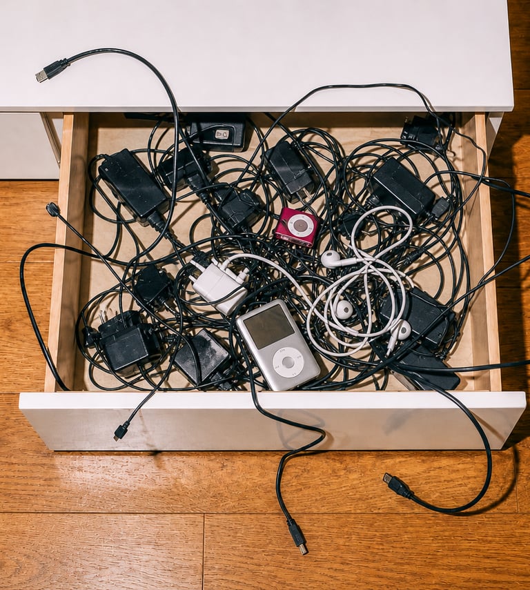 Tangled electronic cables and old gadgets stored in a cluttered white desk drawer.