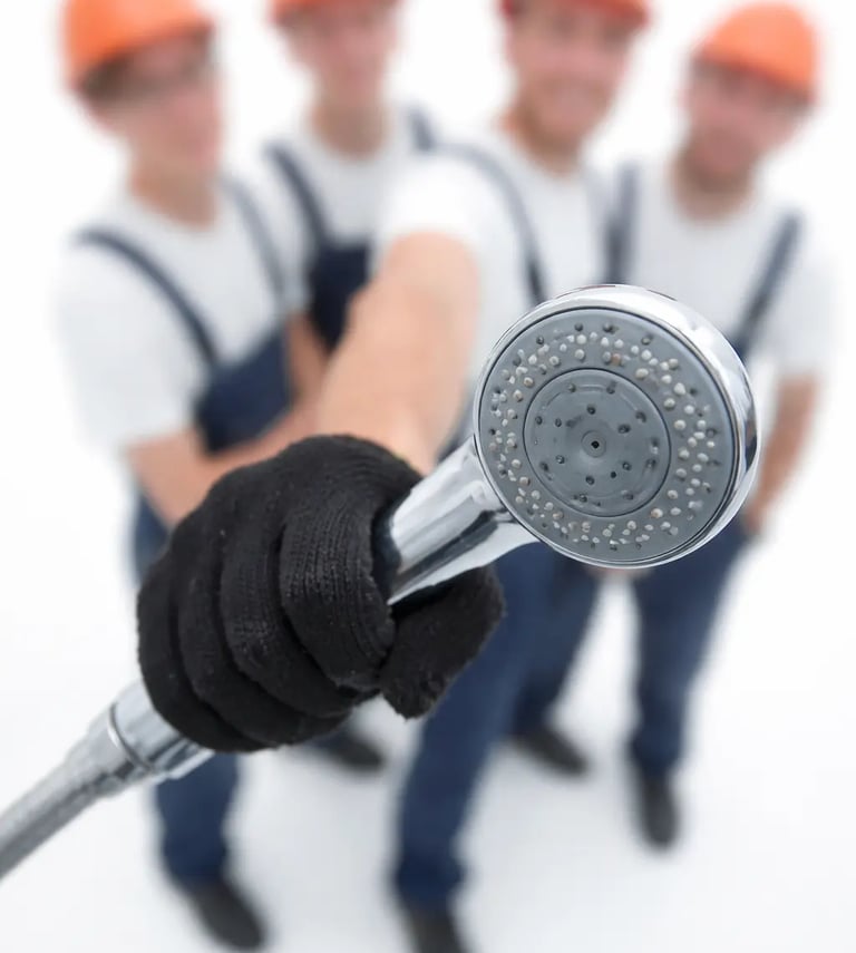 Close-up of gloved hand holding shower head with construction workers blurred in background