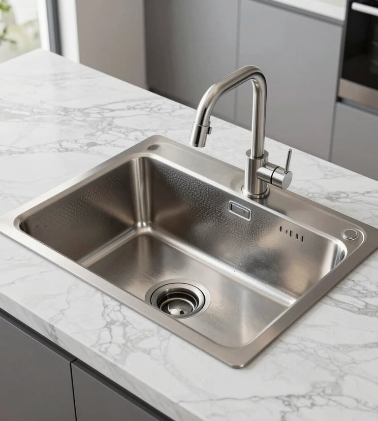 Modern stainless steel undermount kitchen sink with a sleek chrome pull-down faucet on a white marble countertop.