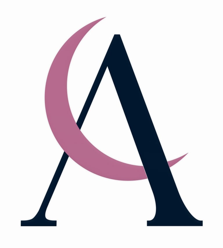 logotipo que presenta una letra A serif en azul marino oscuro entrelazada con una luna