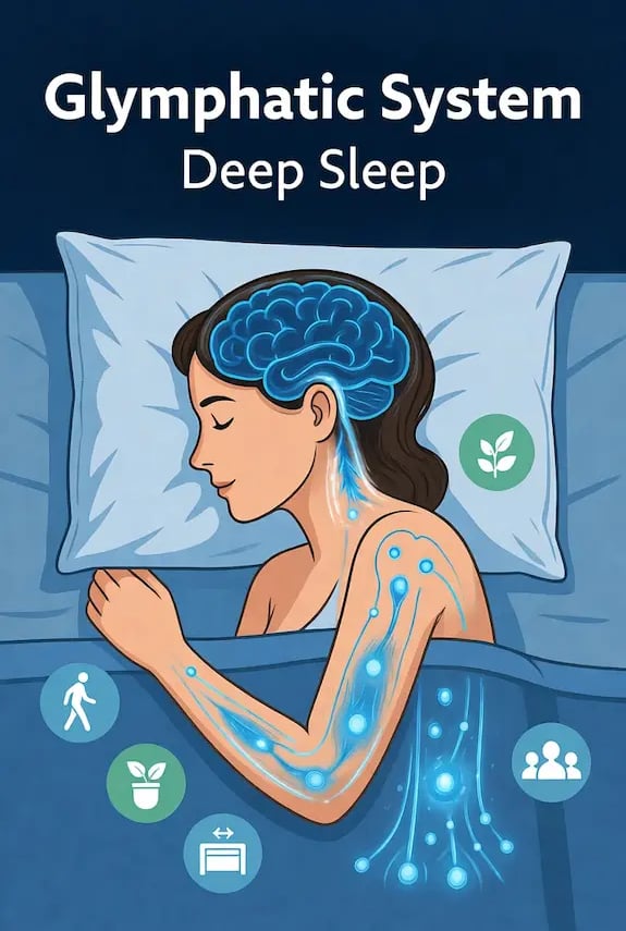 Glymphatic system active during deep sleep: person resting on pillow with brain waste clearance and brain health lifestyle