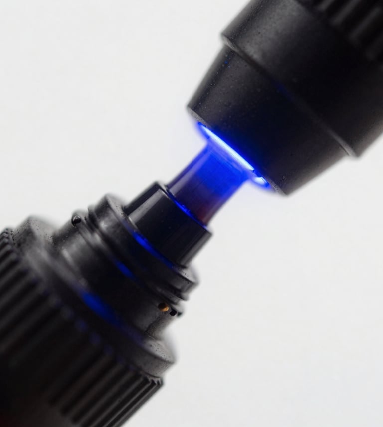 Macro shot of deep black UV ink curing under intense electric blue light, high contrast, sharp details