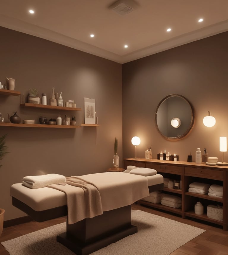 A cozy skincare studio corner with warm neutral tones and soft lighting.