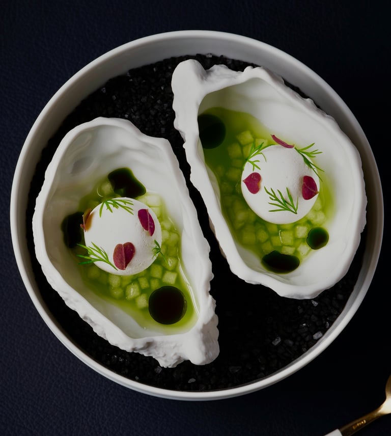 Gordon Ramsay High Gourmet oyster dish with fresh garnishes.