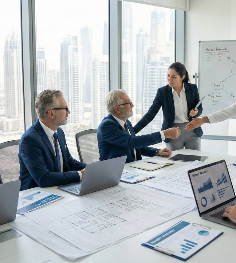 Team of senior consultants collaborating on a strategic blueprint in a modern UAE office