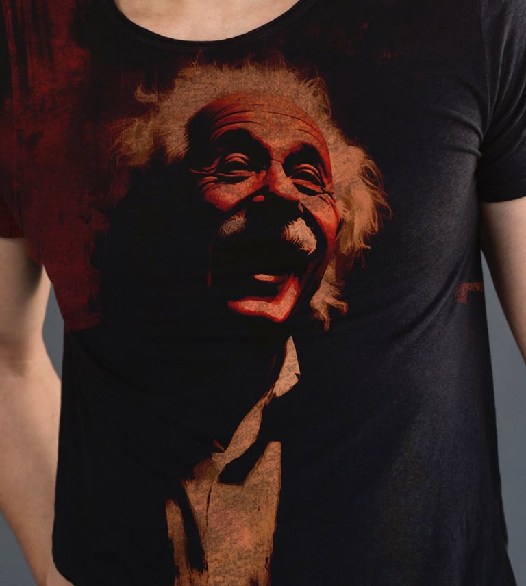 un homme porte un tee shirt noir avec un visuel de Einstein sur la face avant