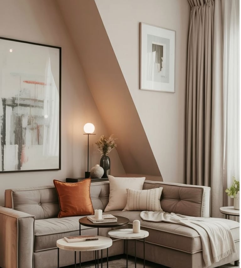 Narrow living room with creative angled furniture placement, corner seating, soft neutral palette em