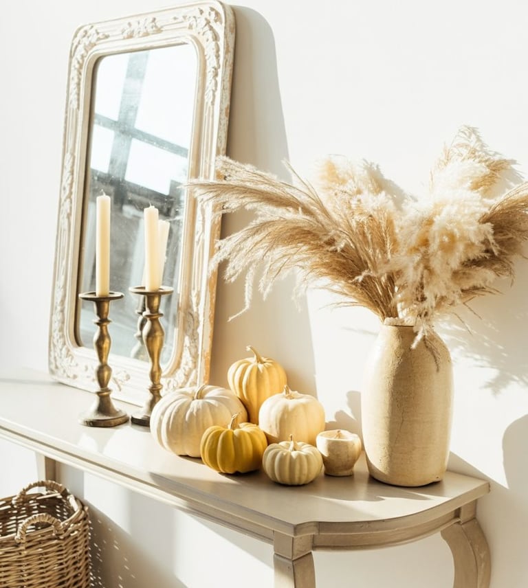 Neutral fall entryway decor with white and golden mini pumpkins, pampas grass in a beige ceramic vas