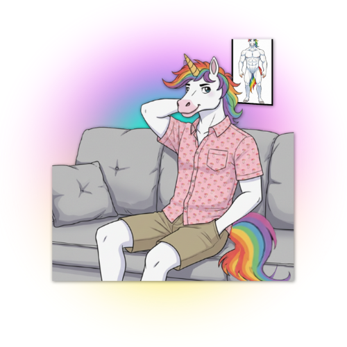 lgbt unicorn with rainbow tail and mane relaxing on sofa