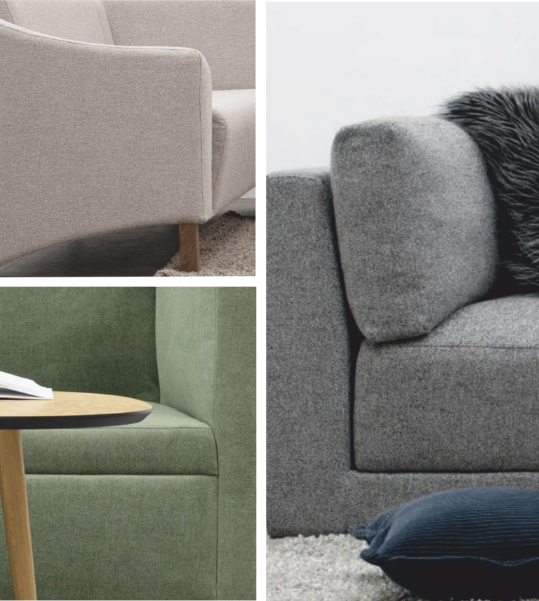 Close-up collage of modern fabric sofas in light grey and olive green, showcasing armrests and upholstery textures.