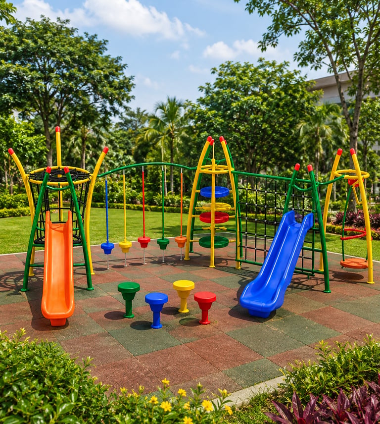 Colorful children's outdoor playground equipment with slides and climbing frames on safety rubber tiles.