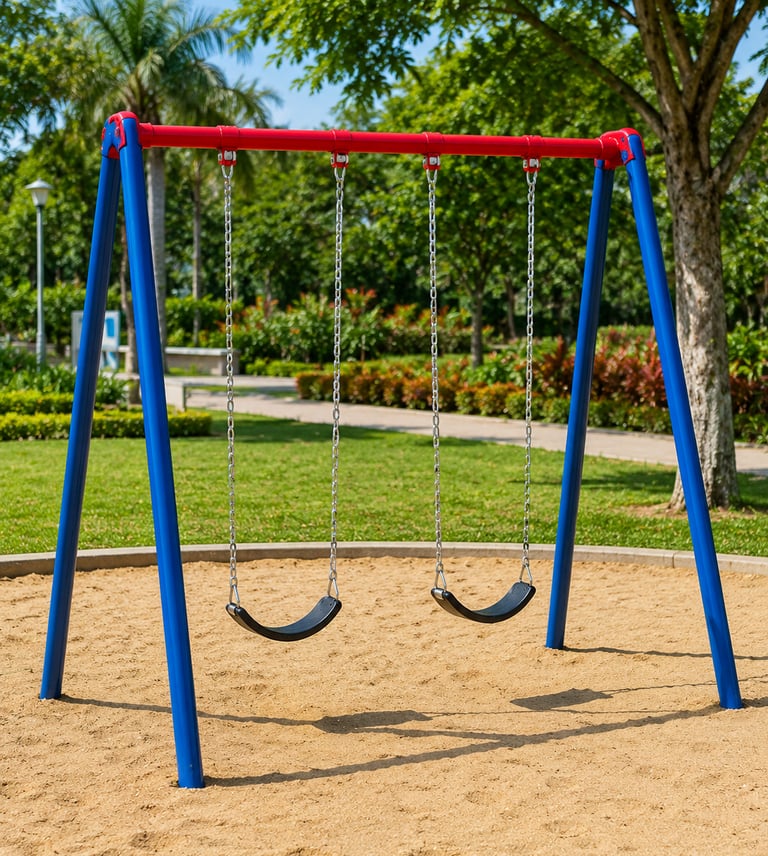 Blue and red outdoor playground swing set for kids in a sunny public park with green trees.