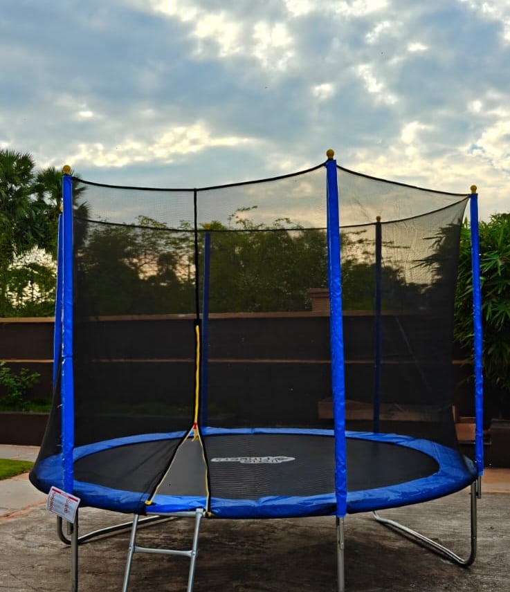 Outdoor backyard trampoline with safety net enclosure and ladder under a cloudy sky.
