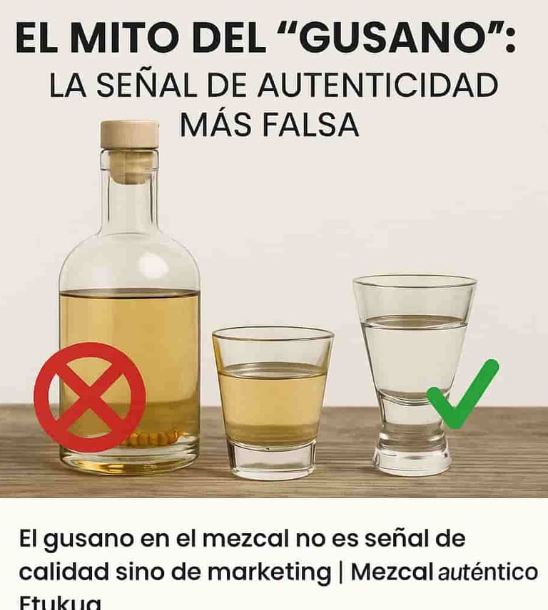 Mezcal con gusano tachado en rojo vs. copa de mezcal Etukua transparente y puro marcado 