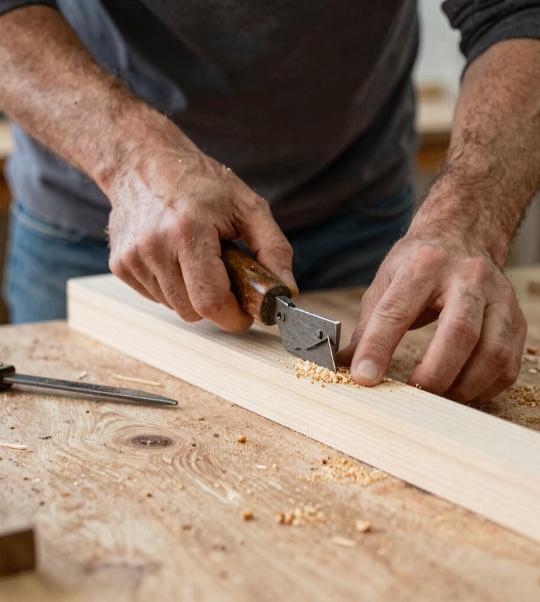 A craftsman carefully engraving a wooden panel with a laser in a cozy workshop.