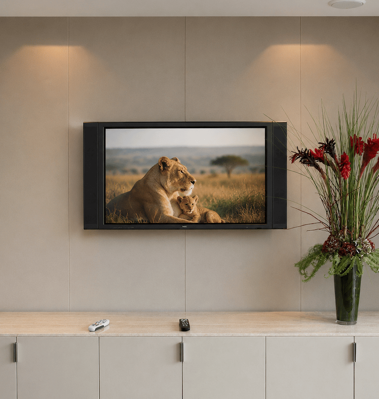 Neutral stretch-fabric wall finish around a TV wall with fitted storage in a contemporary living spa