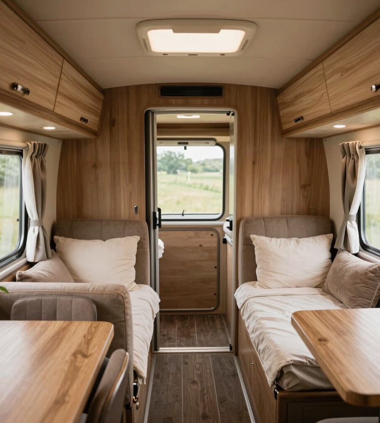Modern camper van interior with wood paneling, twin beds, and cozy dinette seating.