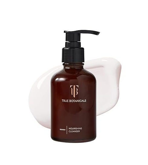 True Botanicals Renew Nourishing Cleanser in a sustainable glass bottle.