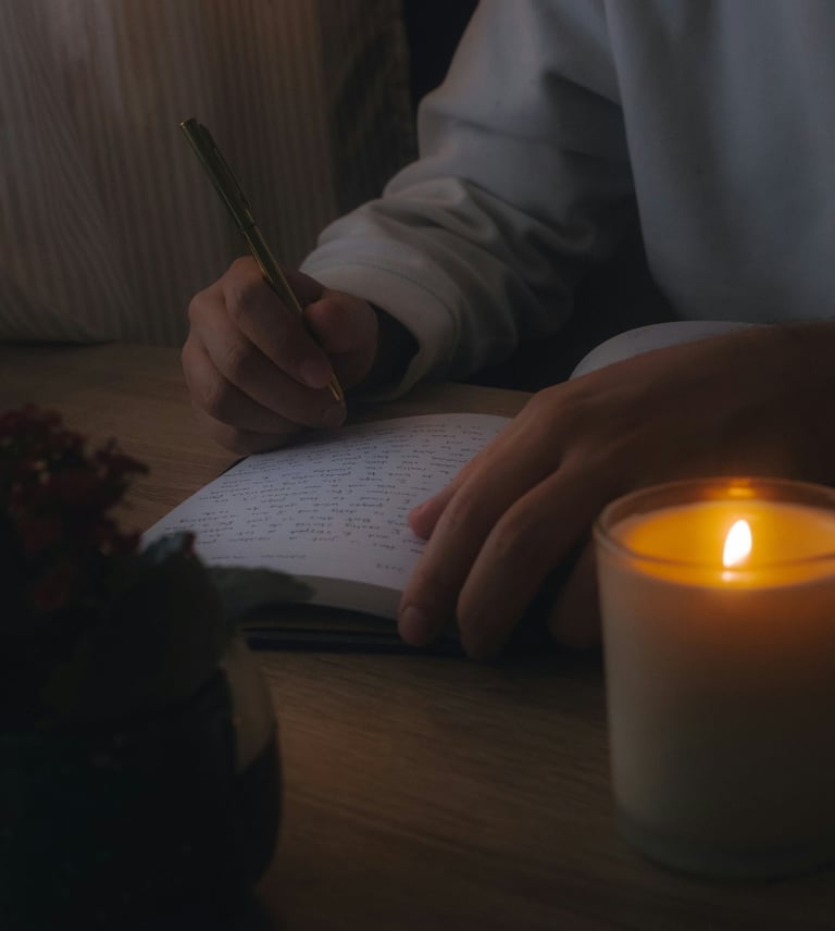 a person writing a book in a candlelight