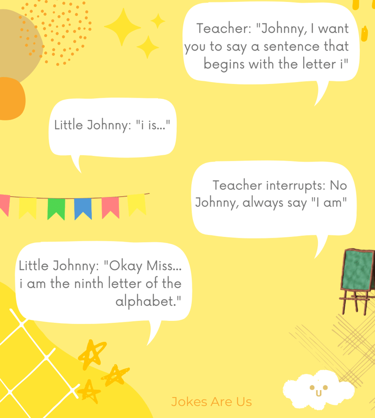 An interaction btw a teacher and a student, highlighting a playful exchange about the letter "I."