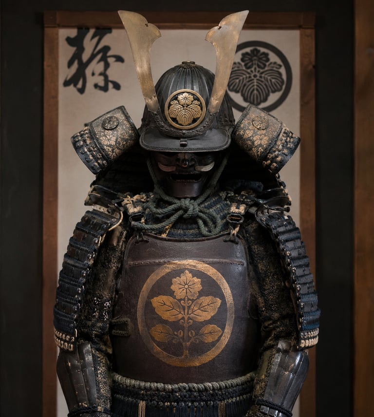 Antique Japanese samurai armor suit with ornate gold crests and traditional kabuto helmet.