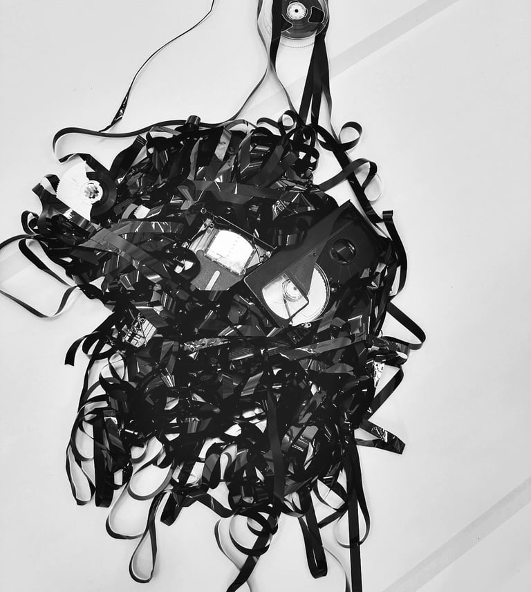 jumbled tape, analog vhs tape unwound depicting tapes in drag poetry performance by lvf.lvx 