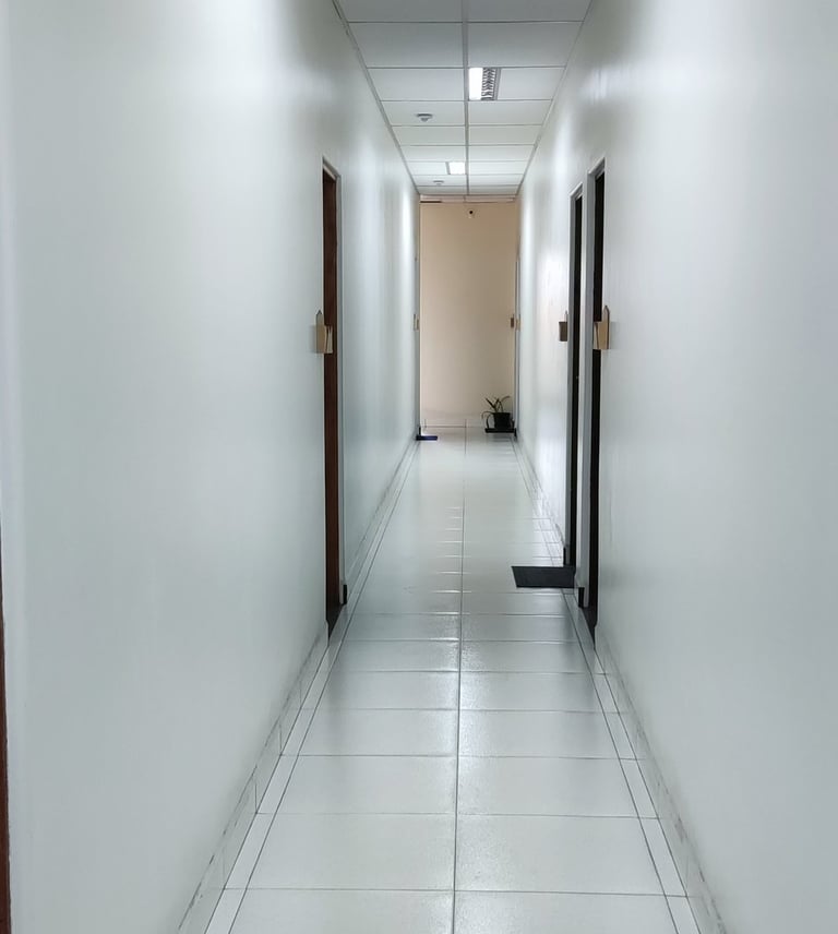 corredor com luminária e forro acústico e removível.