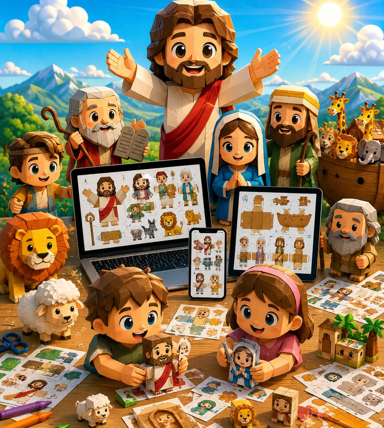 Children playing with 3D paper crafts of Jesus and Bible characters using digital templates on a laptop and tablet.