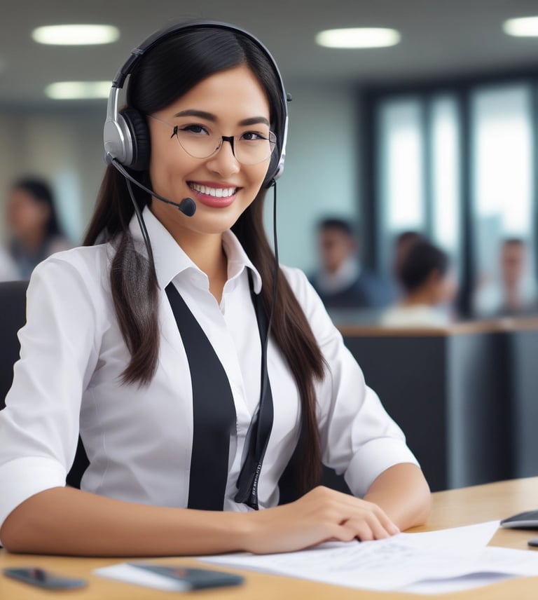 A friendly customer service representative answering calls in a bright office.