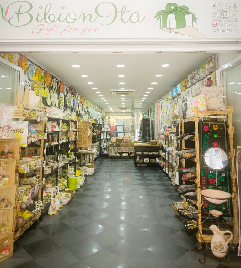 Inside a BibionIta boutique gift shop featuring shelves of colorful ceramics, home decor, and textiles.
