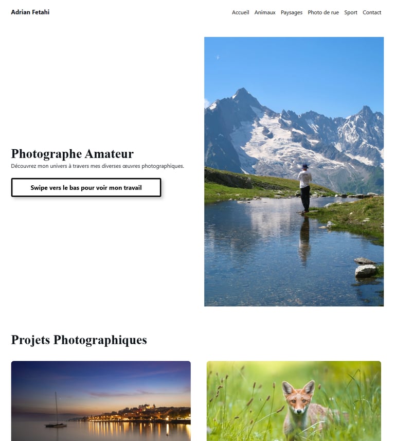 a website page with a photo of a person standing in the water