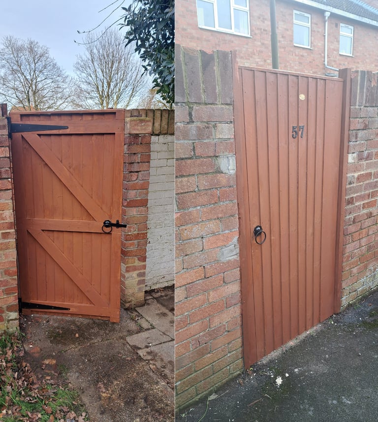 Before and after comparison of a broken garden gate replaced with a new brown wooden side gate.