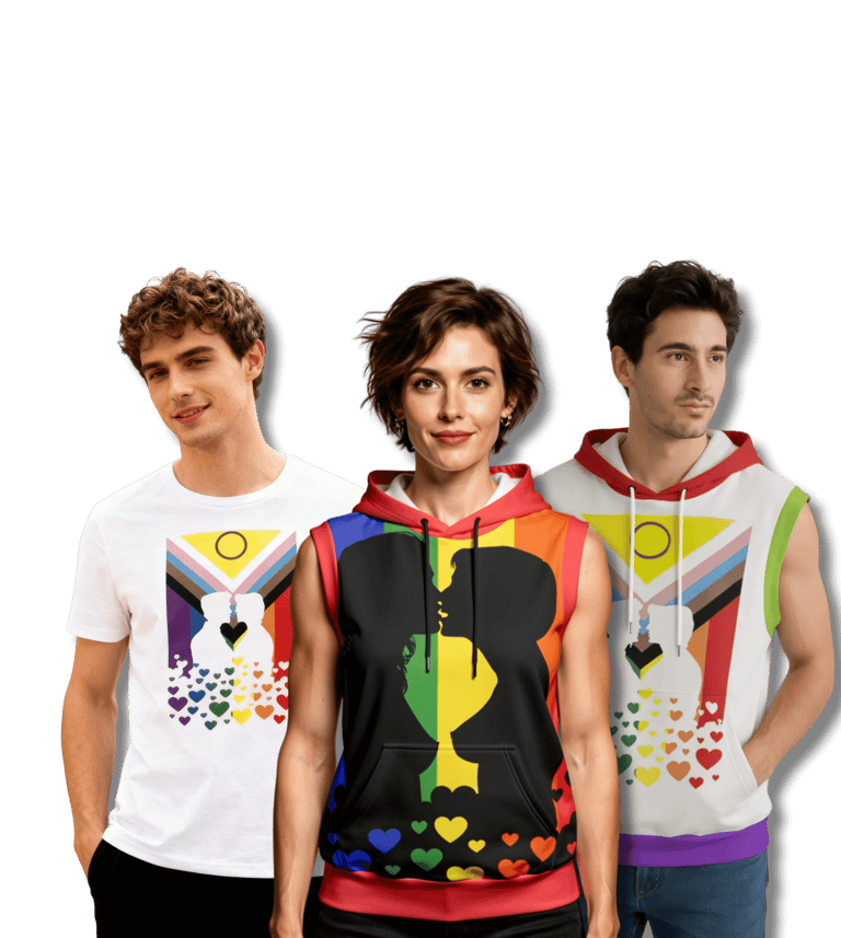 LGBTQIA pride flag clothing on  2 male models and one female