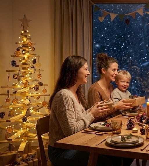 Een kezin dat kerst vier met een houten kerstboom op de achtergrond