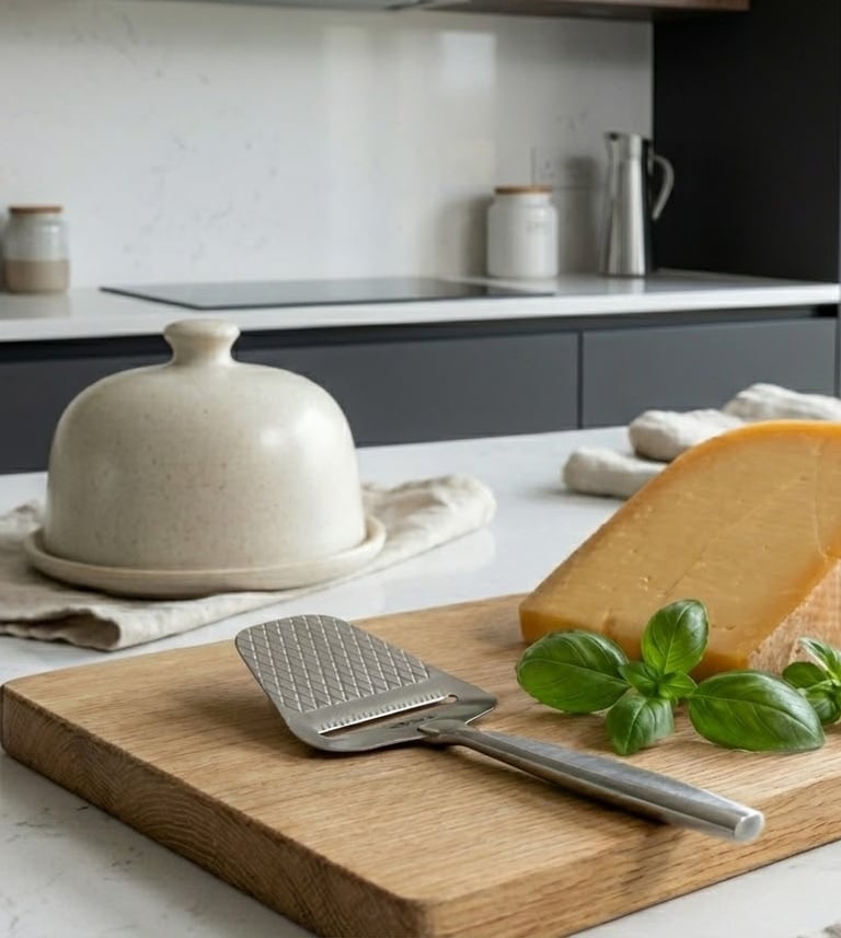 Een kaasplankje met kaas en basilicum op een snijplank.