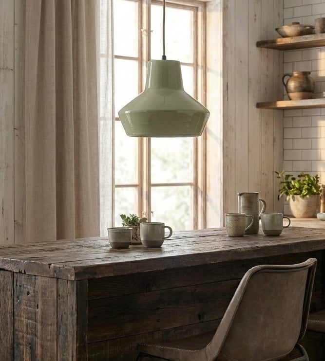 Keuken bar met kopjes en hanglamp