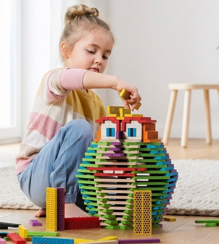 Een klein meisje spelend met bouwblokken.