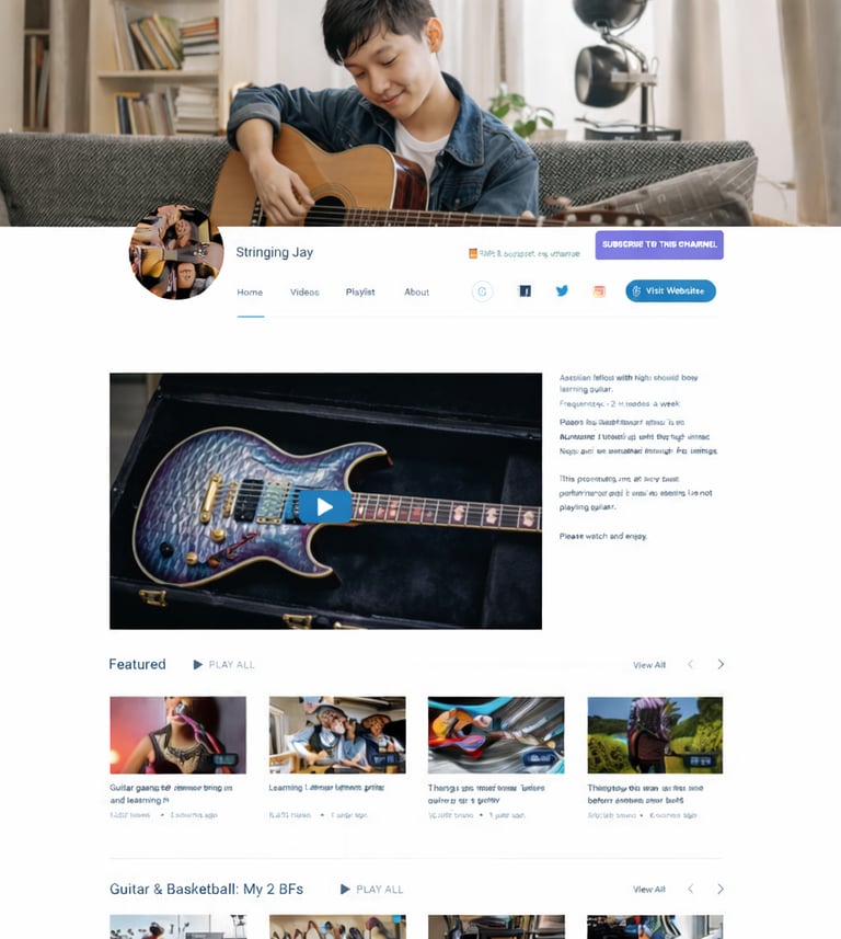 A male guitarist on his YouTube channel homepage, featuring guitar tutorials and music video playlists.