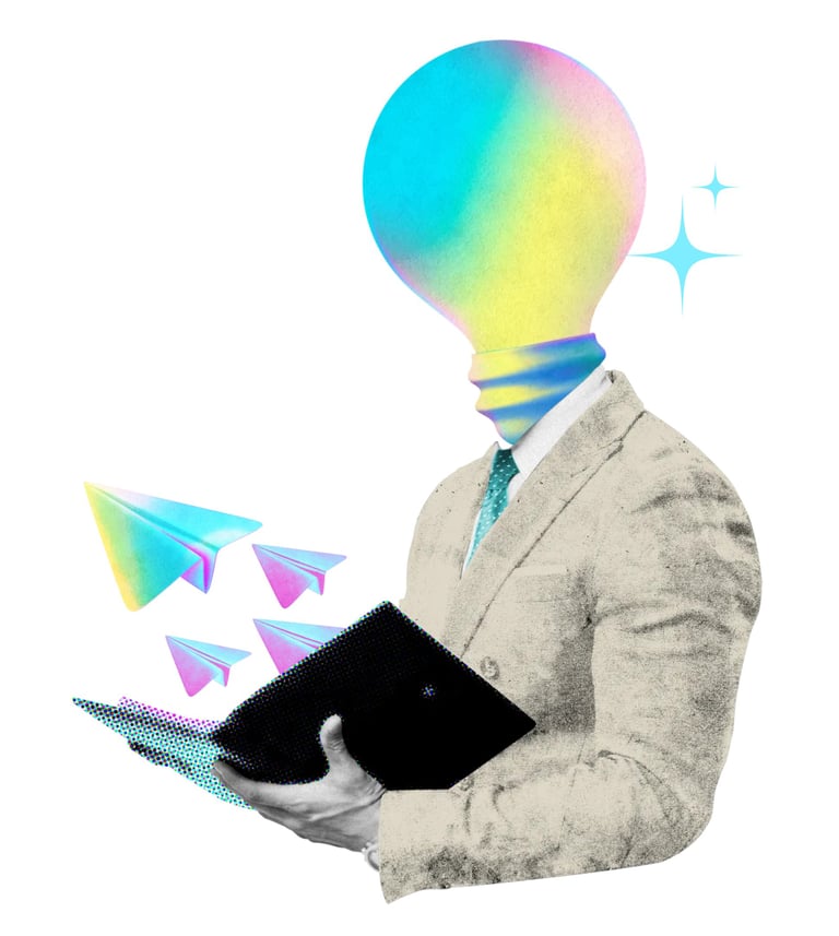 Geschäftsmann abstrakt dargestellt mit Glühbirne als Kopf und farbige Papierflieger