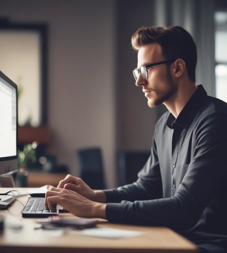 A person using a laptop with AI-related graphics on the screen in a cozy home office