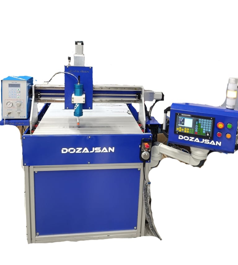 Dozajsan industrial CNC dispensing machine with automated control panel and blue metal frame.