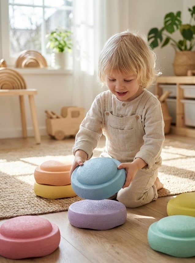 en 4 jarig kind dat met stapelsteinen speelt